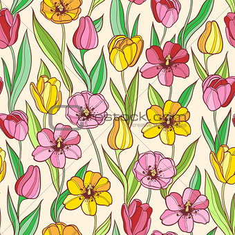 Pattern with red and yellow tulips