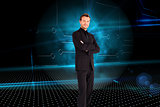 Composite image of handsome businessman with crossed arms 