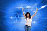 Composite image of a young happy woman stands with her hands in 