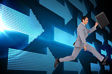 Composite image of businessman running with a suitcase