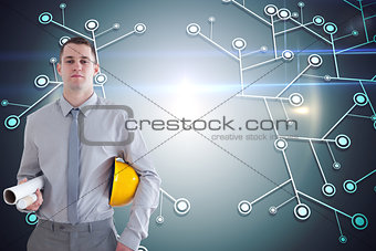 Composite image of architect carrying construction plans and hel