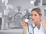 Composite image of serious nurse listening with stethoscope