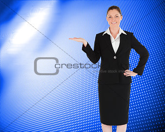 Composite image of charming woman in suit showing a copy space