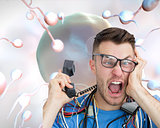Composite image of frustrated computer engineer screaming while 