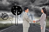 Composite image of side view of hand shaking trading partners