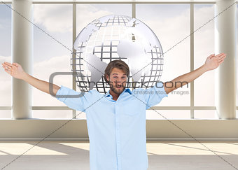 Composite image of handsome man raising hands 
