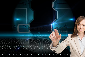 Composite image of portrait of businesswoman touching invisible 
