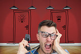 Composite image of frustrated computer engineer screaming while 