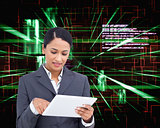 Composite image of close up of saleswoman with her touch screen 