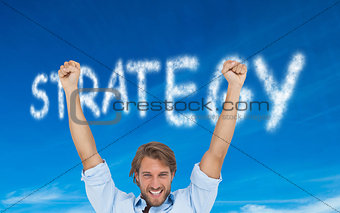 Composite image of happy man celebrating success with arms up
