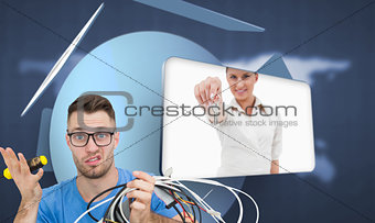 Composite image of portrait of confused it professional with scr