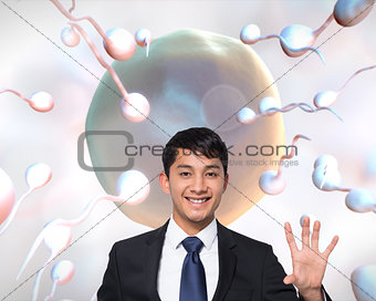 Composite image of smiling businessman touching