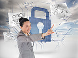 Composite image of smiling asian businesswoman pointing