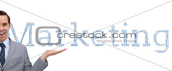 Composite image of smiling businessman presenting something with