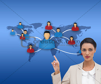 Composite image of serious businesswoman with hands up