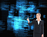 Composite image of young blonde business woman pointing 