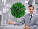 Composite image of young businessman presenting something 