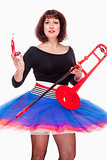 Young Female Musician with Red Trombone Dancing 