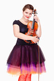 Portrait of Young Female Violin Player in Colorful Skirt 