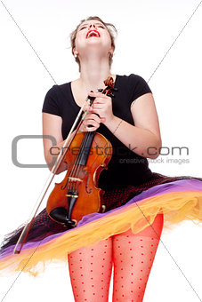 Young Female Violin Player in Colorful Skirt Dancing 