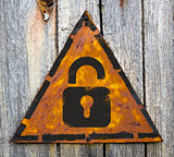 Icon of Opened Padlock on Rusty Warning Sign.