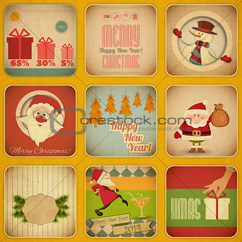 Retro Merry Christmas and New Years Card. Set