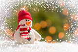 Cute Snowman Over Abstract Snow and Light Background