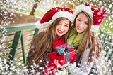 Two Smiling Women Santa Hats Holding a Wrapped Gift