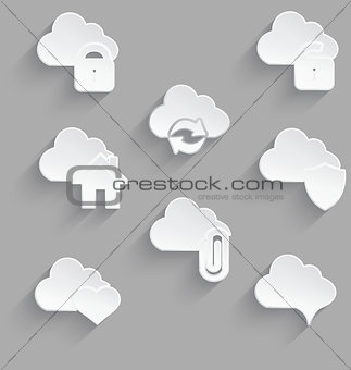 Cloud icon set white plastic lock