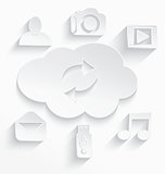 White cloud computing symbols arrows cut