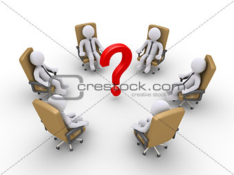 Businessmen sitting on chairs and a question mark