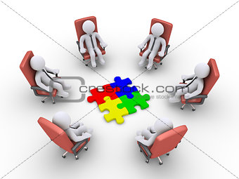Businessmen sitting on chairs and puzzle pieces