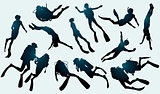 Set of divers and freedivers silhouette.