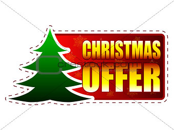 christmas offer and christmas tree on red banner with snowflakes