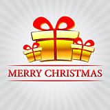 merry christmas with golden gift boxes over silver rays