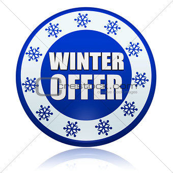 winter offer on blue circle banner with snowflakes symbols