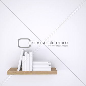 Wooden shelf with books on white wall background
