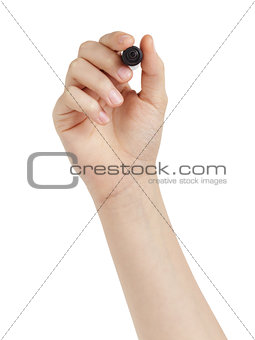 female teen hand to write sommething with black marker