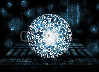 Glowing digital code on a dark background