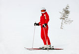 Female skier standing on mountain slope during blizzard