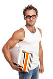 Caucasian man carrying stack of books on white