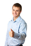 Portrait of a handsome young man, thumb up