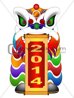 Chinese Lion Dance Head with New Year 2014 Scroll 