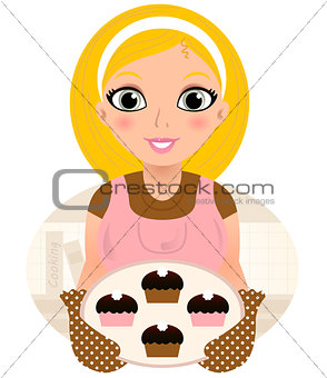 Retro Cooking blond Woman serving sweet food ( pink & brown )