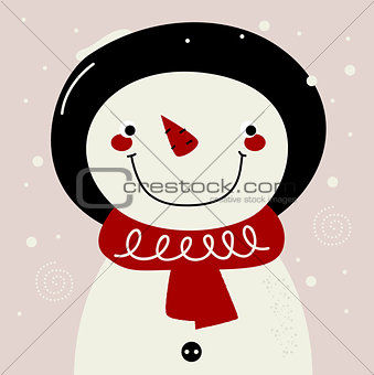 Retro Snowman with red Scarf on snowing background