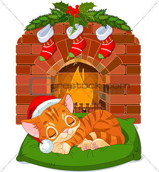 Christmas Kitten Sleeping near Fireplace
