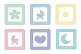 Sweet, pastel vector icons with polka dots; isolated on white background.