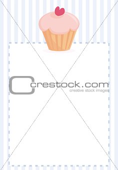Vector document, restaurant menu, wedding card, list or baby shower invitation with cupcake on blue stripes background