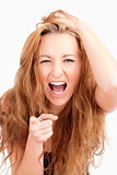 Frustrated Girl Screaming, Pointing with Index Finger