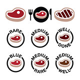 Steak - medium, rare, well done, grilled icons set